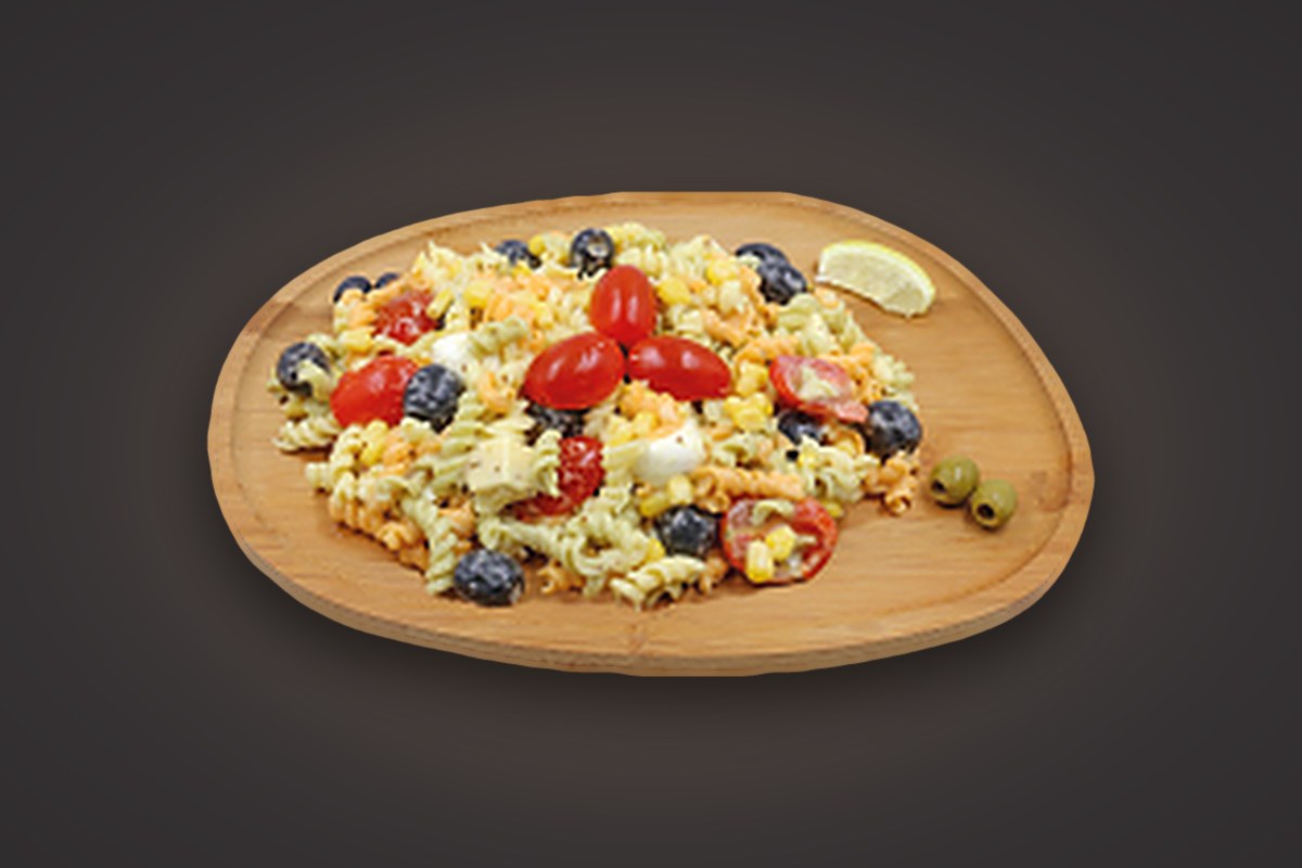 Fresh pasta salad — Tricolour fusilli, cherry tomatoes and cumin gouda